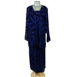 Sara Mique Three-Piece Set Women's Blue Velvet Leaf Patterned Size L